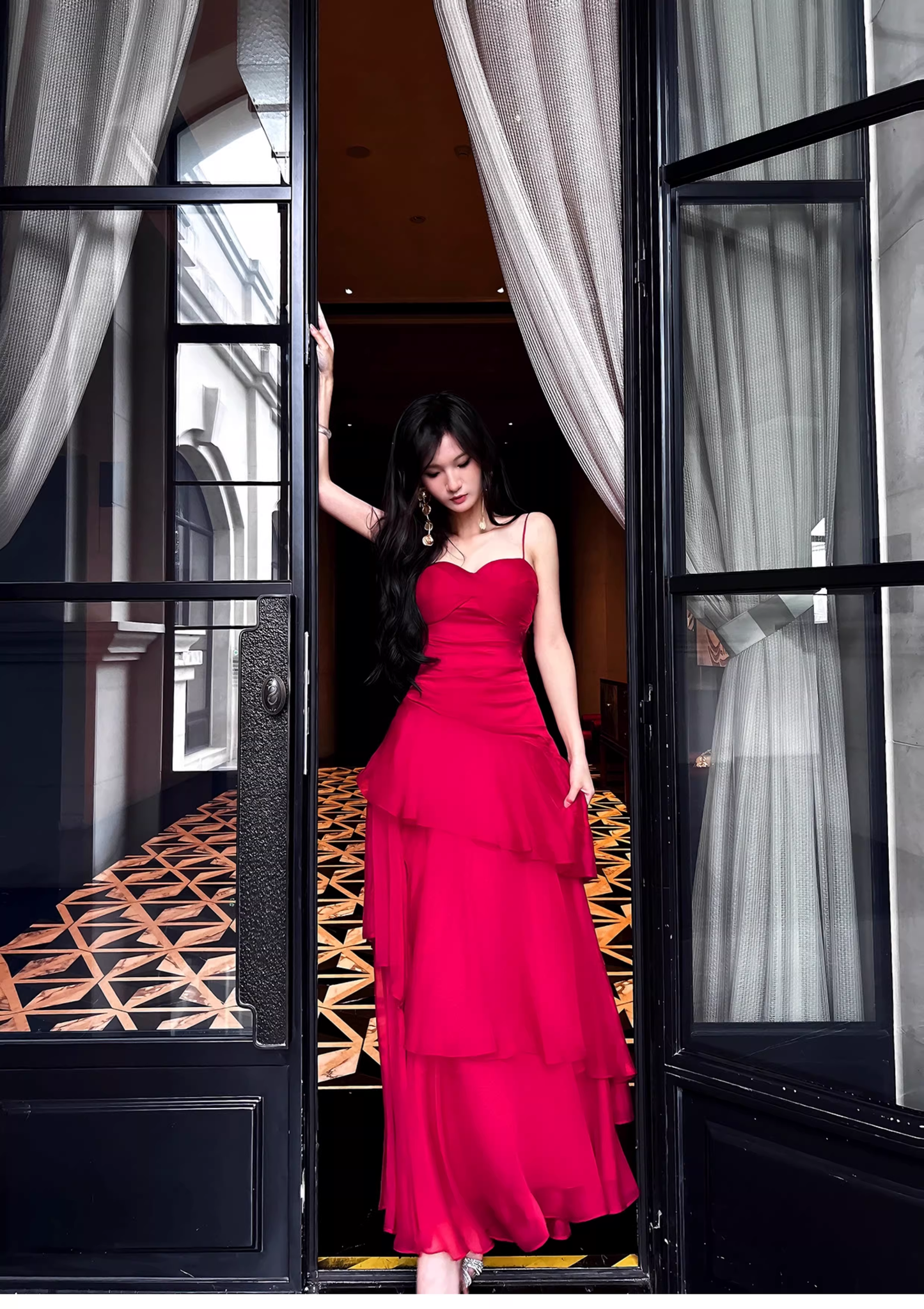 Sexy Spaghetti Straps Red Chiffon Ruffles Mermaid Long Party Dress Formal 20th Birthday Outfits SP1994