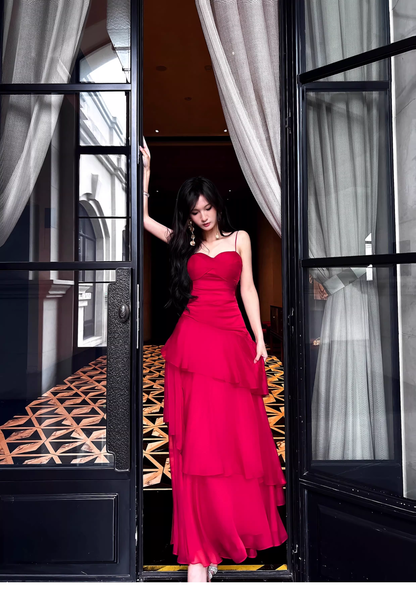 Sexy Spaghetti Straps Red Chiffon Ruffles Mermaid Long Party Dress Formal 20th Birthday Outfits SP1994