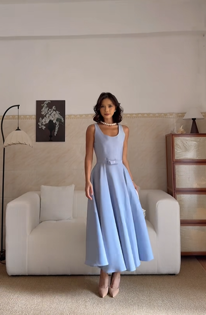 Sweet Blue Sleeveless Satin A Line Birthday Dress Long Party Gowns SP2071