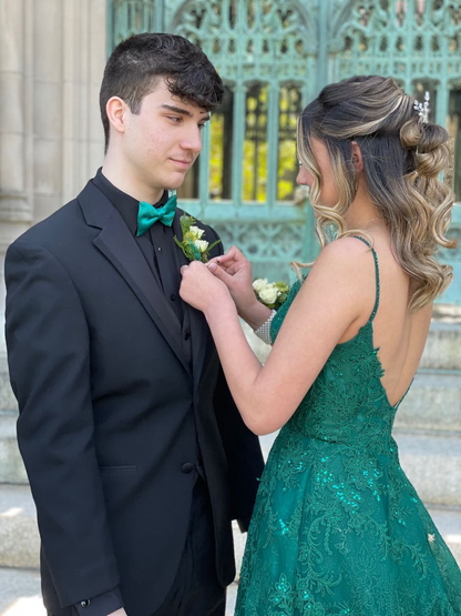 A Line V Neck Green Lace Long Prom Dresses, Green Lace Formal Dresses, Green Evening Dresses Y4079