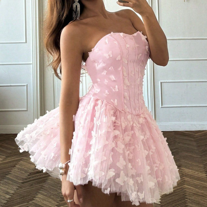 Sweet Pink Strapless Tulle Butterflies Appliques A Line Short Birthday Outfits,Formal Graduation Homecoming Dress SP2857