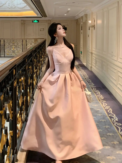 Cute Spaghetti Straps V Neck Satin A Line Long wedding Guest Dress Pink Evening Dress Prom Dress SP2291