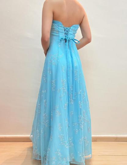 Shiny Strapless Sequins Evening Dress,Blue A Line Prom Dress Y8140