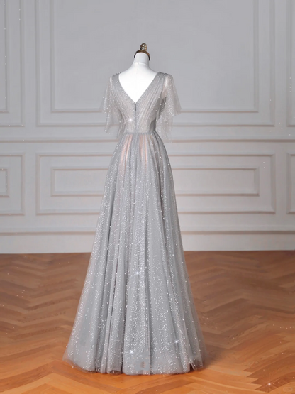 Sparkly Gray Tulle Sequins A Line Prom Dress,Sexy V Neck Evening Dress Y8638