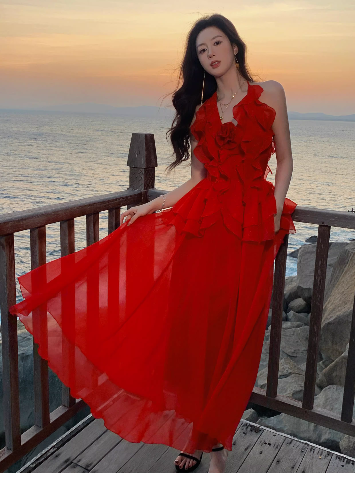 Sexy Red Halter Chiffon Ruffles Long Party Dress Prom Dress SP1973