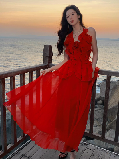Sexy Red Halter Chiffon Ruffles Long Party Dress Prom Dress SP1973