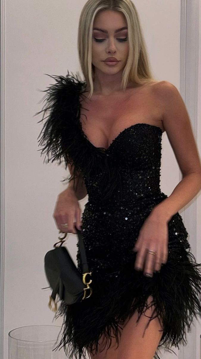 Sexy One Shoulder Black Sequin Feathers Short Homecoming Dress Birthday Dress SP3251