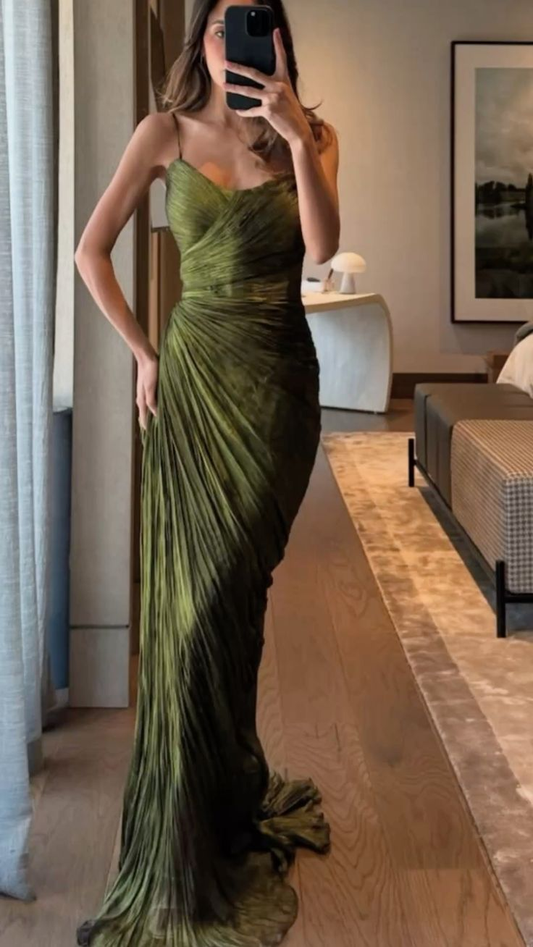 Elegant Spaghetti Straps Green Tulle Pleated Sheath Long Evening Dress Guest Dress SP273