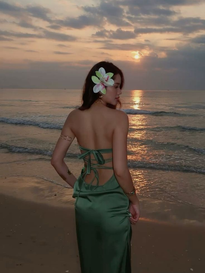 Classy Strapless Satin Green Slit Long Wedding Guest Dress Bridesmaid Dress SP691