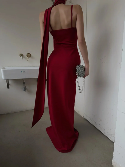 Fashion Red Spaghetti Strap Satin Mermaid Long Prom Dresses 18th Birthday Party Dress With Scarf  SP3982
