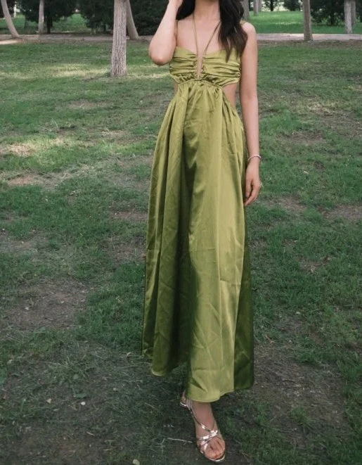 Elegant Green Satin Backless Long Wedding Guest Dress Halter Long Birthday Party Dress SP3878