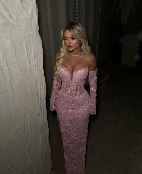 Pretty Strapless Pink Lace Sequin Mermaid Slit Prom Gown Long Evening Dress With Gloves SP390