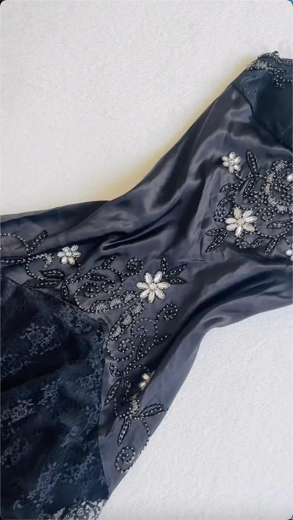 Gorgeous Spaghetti Straps Black Satin Lace Beaded Mermaid Long Party Dress Birthday Prom Gown SP2699