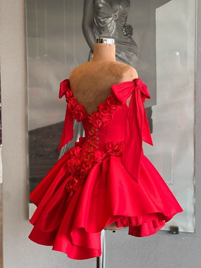 Fashion Bow Straps Satin A Line Mini Cocktail Dress,Red Short Homecoming Dress With 3D Florals SP3197