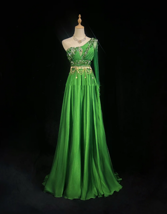 Gorgeous Green One Shoulder Satin Beaded Long Party Dress Birthday Dress SP1859