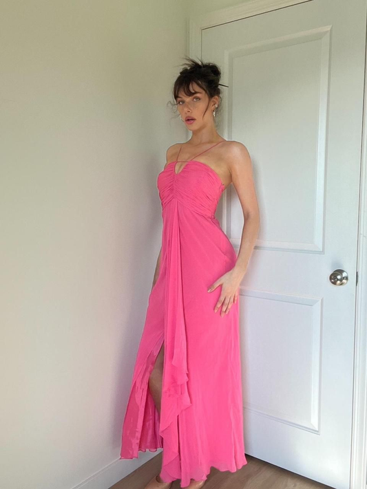 Charming Pink Halter Chiffon Slit Long Prom Dress Formal Party Gown SP302