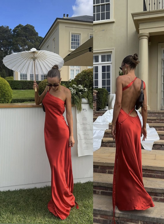 Elegant One Shoulder Backless Red Satin Long Evening Dress Formal Guest Dress SP258