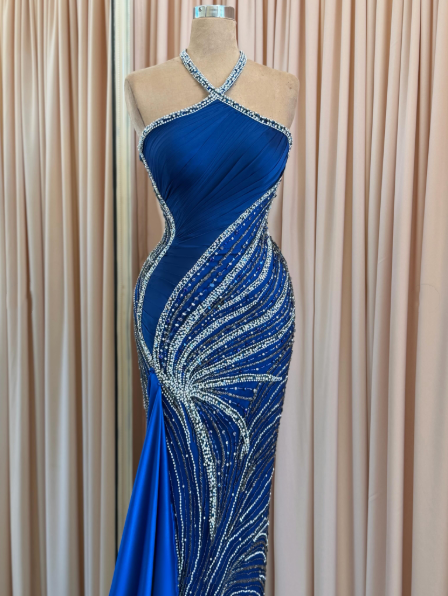 Gorgeous Blue Satin Beaded Sequin Mermaid Long Party Dress Halter Slit Long Prom Dresses SP4051