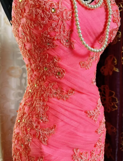 Pretty Pink Strapless Tulle Appliques Beaded Mermaid Long Party Dress Formal Wedding Guest Dress SP1954