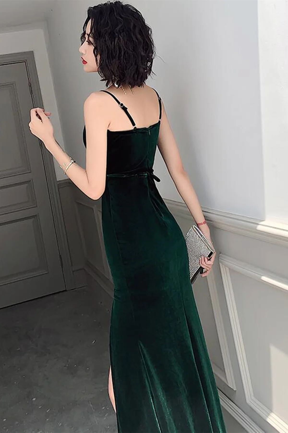 Simple V Neck Dark Green Velvet Long Prom Dresses, Dark Green Velvet Formal Graduation Evening Dresses Y2926