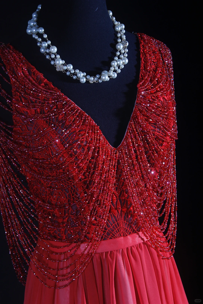 Luxurious Sleeveless Red V Neck Chiffon Beaded Tassel Long Party Dress 20th Birthday Outfits SP2156