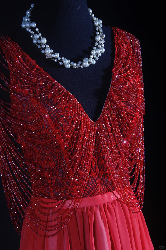 Luxurious Sleeveless Red V Neck Chiffon Beaded Tassel Long Party Dress 20th Birthday Outfits SP2156