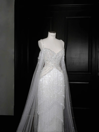 Luxury White Tulle Pearl Bead Chain Beaded Tassel Prom Dress Evening Dress,Off Shoulder Wedding Dress Y8662