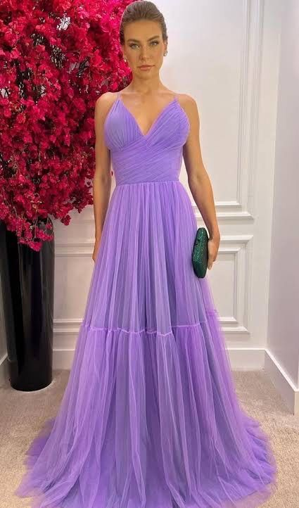 A-line V Neck Purple Tulle Prom Dress,Purple Evening Dress Y6168