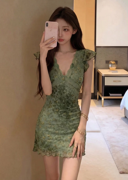 Vintage Green Lace V Neck Chiffon Floral Short Graduation Homecoming Dress,Mini Prom Gown SP3350