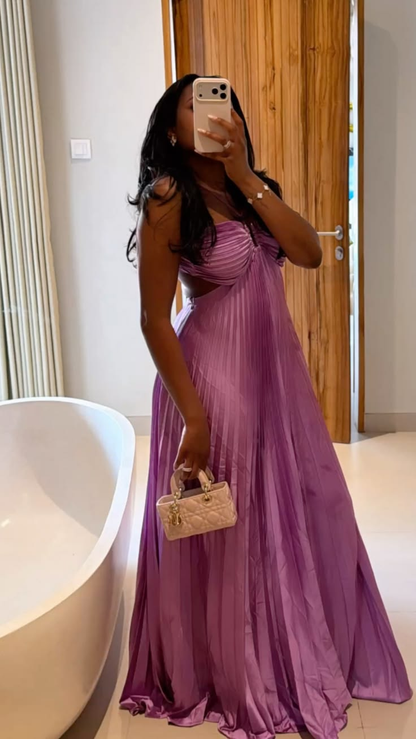 Pretty Purple Halter Satin Pleated Long Party Dress Prom Gown SP3941