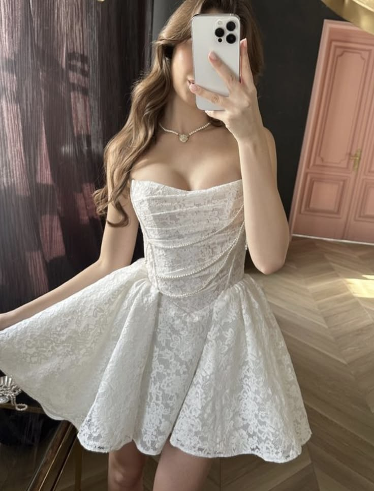 Classy Strapless White Lace A Line Short 19th Birthday Outfits,Mini Homecoming Dress SP3240