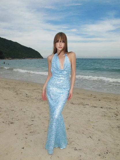 Glitter Halter Light Blue Sequin Mermaid Long Prom Dresses Party Dress SP3981