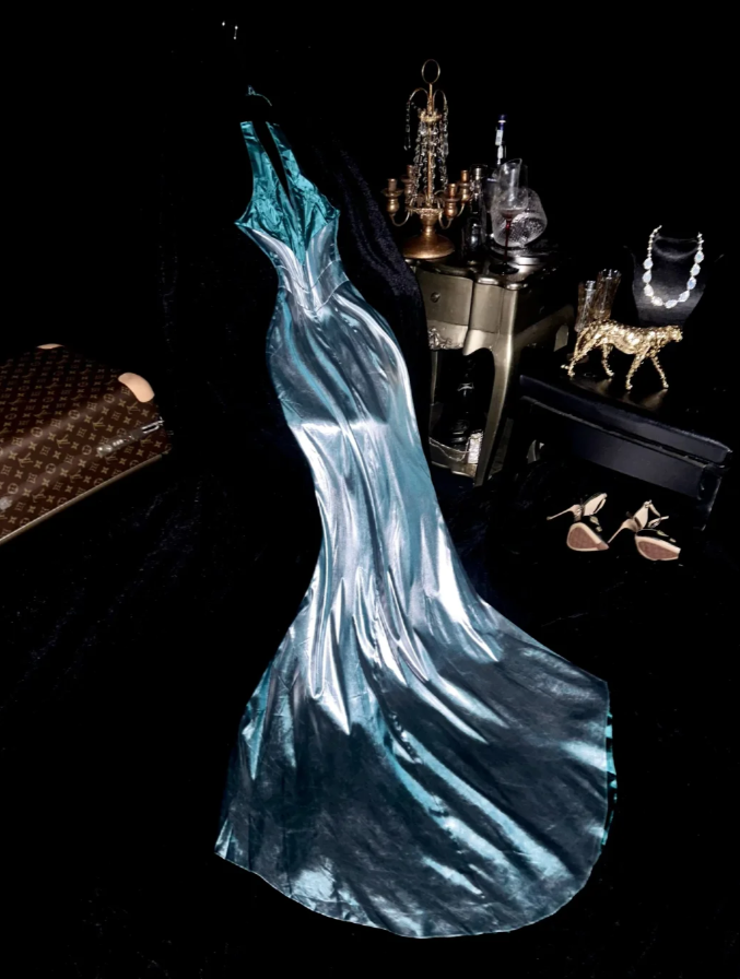 Stylish Halter Deep V Satin Beaded Mermaid Prom Dress Blue Long Party Dress SP1412