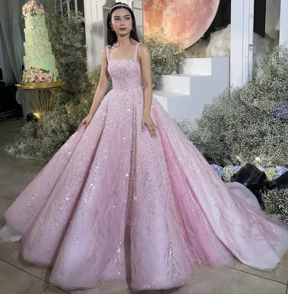 New Arrival Pink Straps Sequin Beaded Long Ball Gown Formal Occasion Gowns Y4918