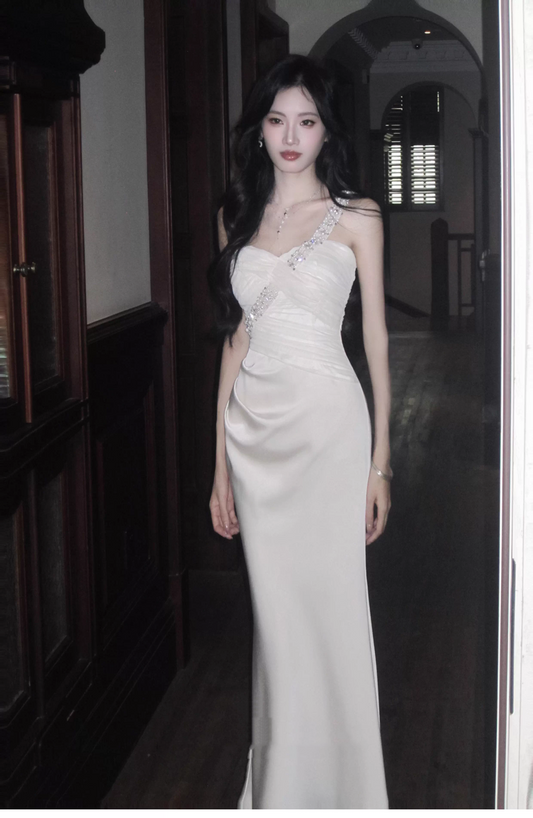 Pretty One Shoulder White Satin Beaded Mermaid Long Party Dress Formal 18th Birthday Outfits SP2006