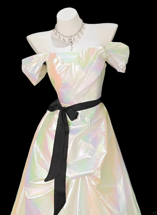Glitter Off The Shoulder Satin Pleated A Line Long Party Dress Birthday Prom Dress SP1933
