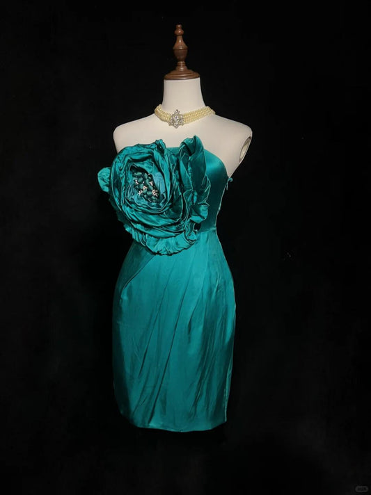 Unique Green Strapless Satin Sheath Cocktail Dress,Short 6th Grade Homecoming Dress With 3D Flower SP2921