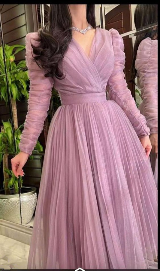 Trendy A-line V Neck Long Sleeves Prom Dress Y6431