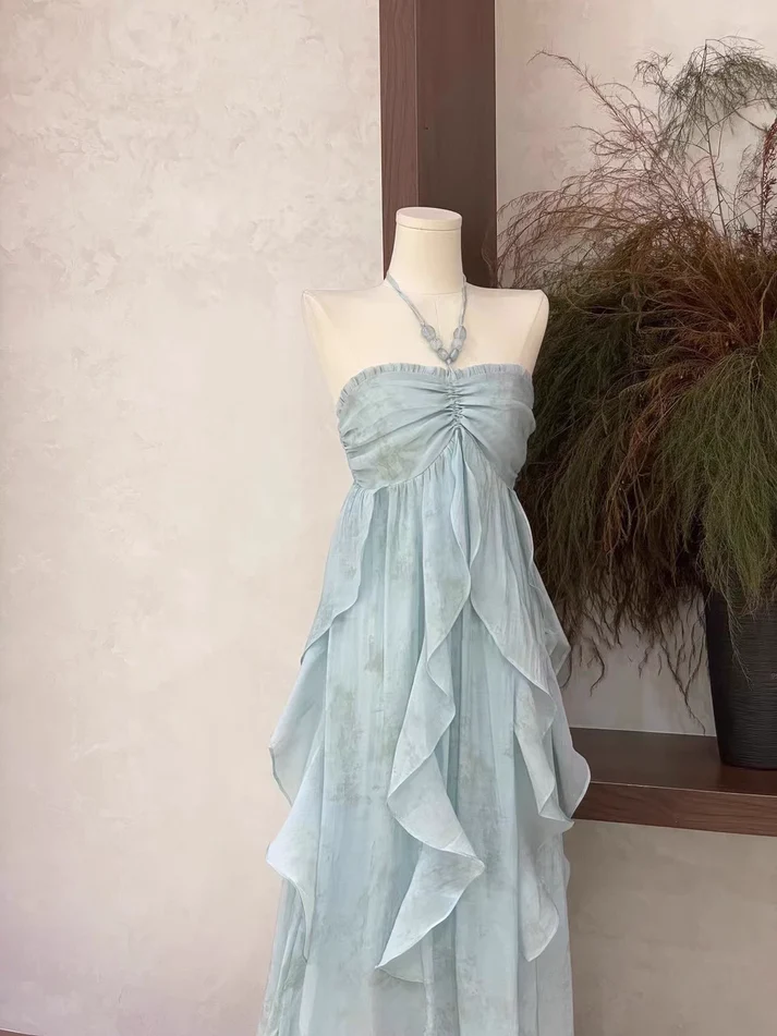 Classy Blue Halter A Line Ruffled Floral Long Party Dress Women's  Vacation Dress Y9320