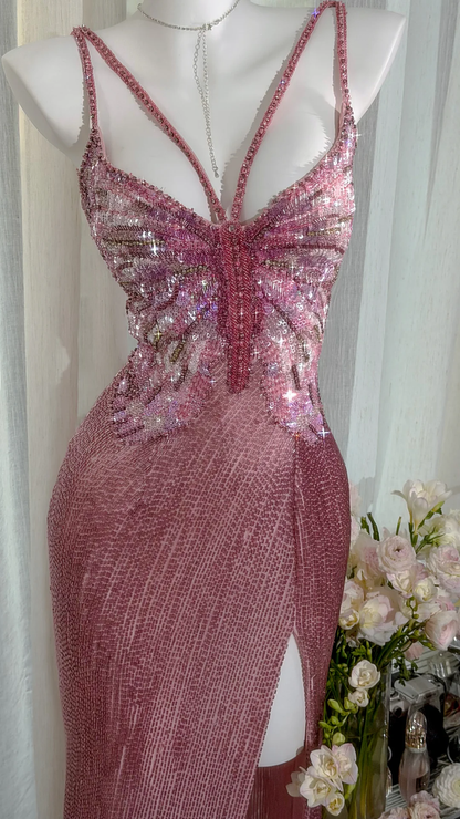 Elegant Spaghetti Straps Pink Butterfly Sequin Beaded Chiffon Slit Mermaid Long Prom Dress Backless Evening Gown SP2182