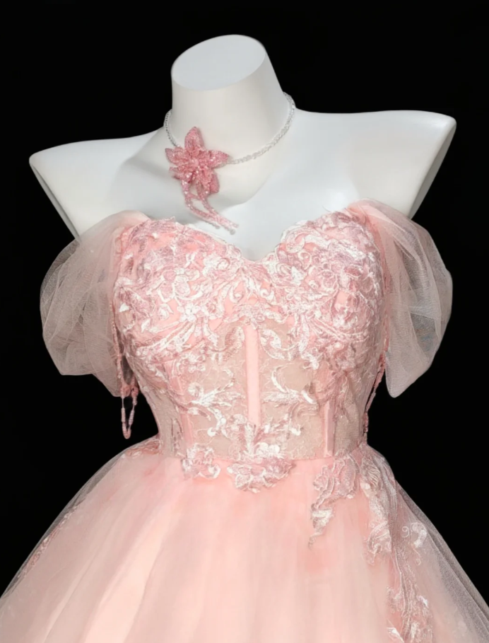 Sweet Pink Off The Shoulder Tulle Appliques A Line Short 6th Grade Homecoming Dress Birthday Outfits SP1923