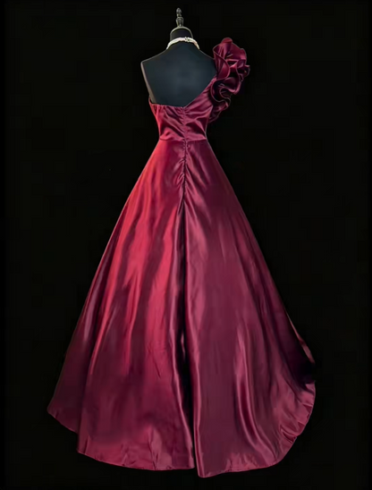 Vintage One Shoulder Ball Gown Burgundy Satin Ruffles Long Party Dress SP2768