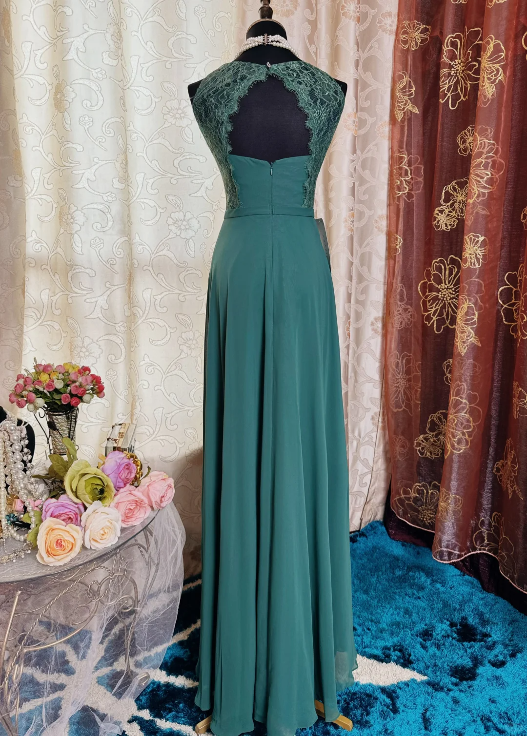 Vintage Green Sleeveless Chiffon Lace A Line Long Wedding Guest Dress Backless Party Dress SP2192