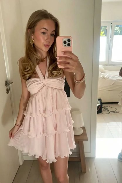 Sweet Pink Halter Chiffon A-Line Tiered Short Homecoming Dress SP3610