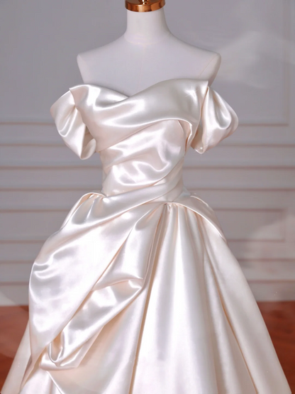 Classy Off The Shoulder Satin Pleated A Line Prom Evening Dress,White Wedding Dress Y8633