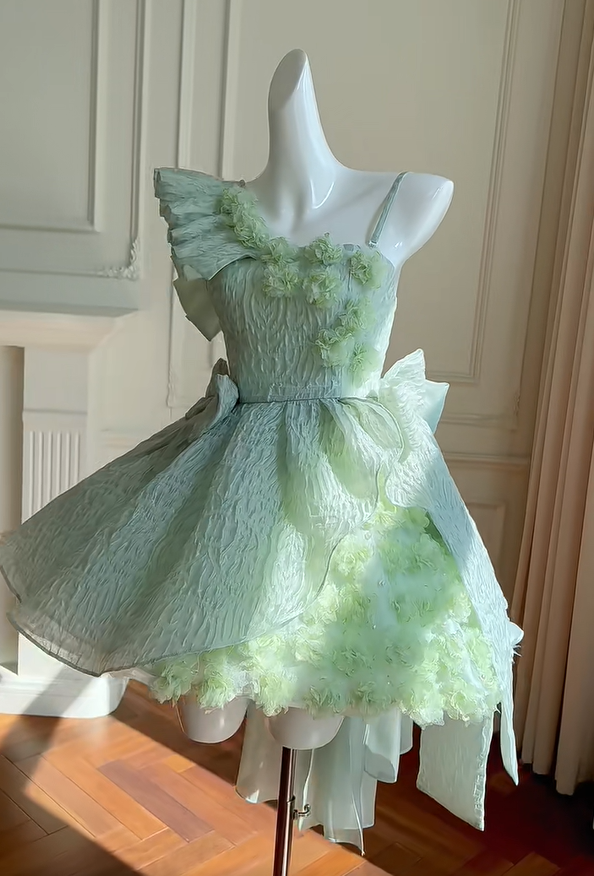 Charming Mint Green Flowers Birthday Outfits Mini Homecoming Dress With Bow Y8984