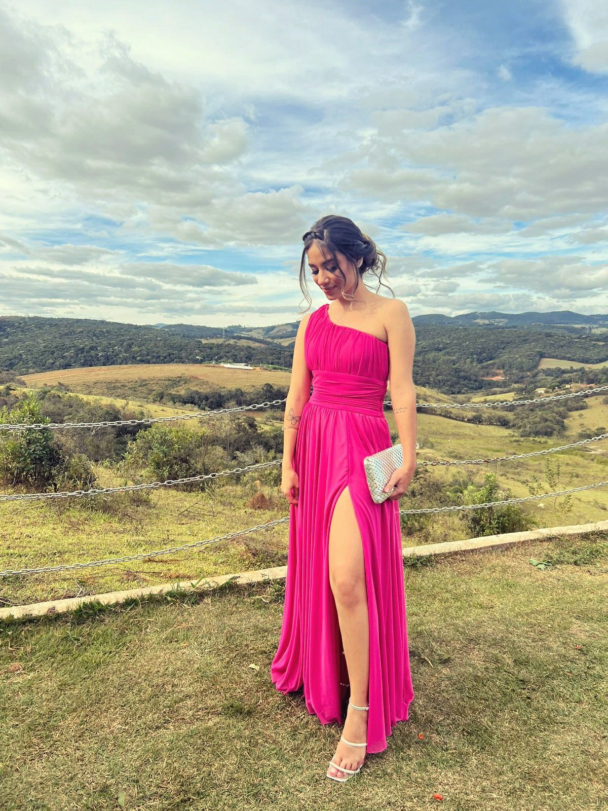 Beautiful One Shoulder Hot Pink Prom Dress With Split  Y5109