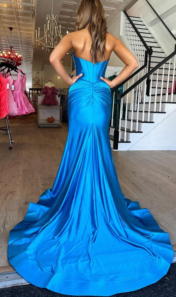 Strapless Mermaid Long Prom Dresses with Keyhole and Ruched Skirt Y5896