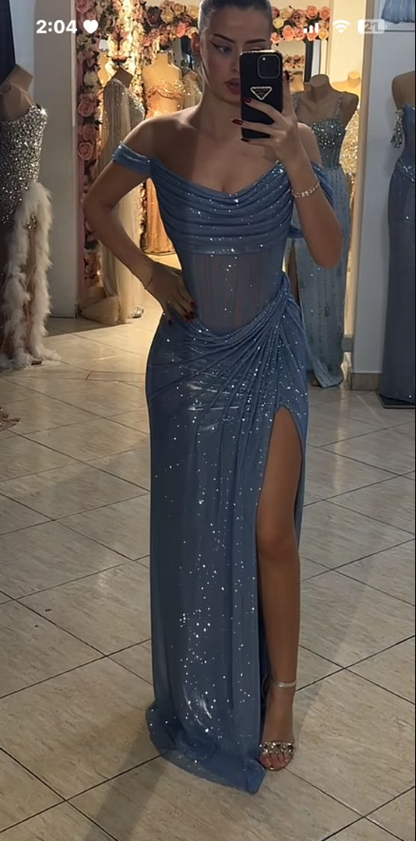 Shiny Burgundy Sequin Slit Mermaid Long Party Dress,Off The Shoulder Prom Dress SP2592
