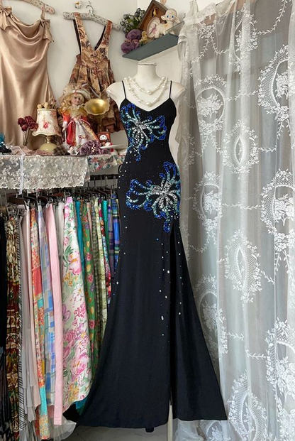Vintage Spaghetti Straps V Neck Satin Beaded Mermaid Evening Dress Prom Gown SP748